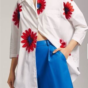 Anthropologie Maeve Alameda White, Red, & Pink Embroidered Beaded Flower Shirt